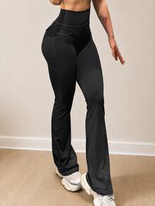 YEOREO CoreFlex Women Workout Mini Flare Leggings With Pockets Hidden Scrunch Cargo Gym Casual Denim-Look Yoga Pants Summer - 黑色 - 查看 2