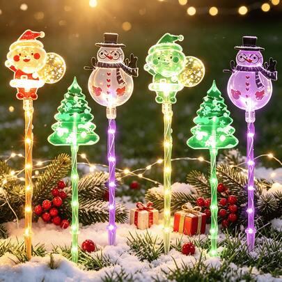 6 piezas de luces solares para estatuas de jardín navideñas, luces LED de Papá Noel, muñeco de nieve y árbol de Navidad para caminos, luces de decoración para césped exterior, 8 modos de iluminación, decoración navideña impermeable para el patio, adecuadas para fiestas de Navidad