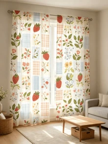 2pcs Plaid Strawberry Floral Print Sheer Curtains, Fresh Country Style, Filters Light And Dust, Semi-Transparent Rod Pocket Voile Curtains, Suitable For Living Room, Bedroom, Holiday And Birthday Gift - Multicolor - View 2