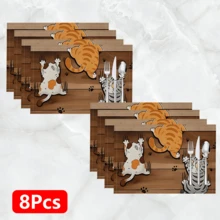 1pc/4pcs/6pcs, Cat Pattern Printed Linen Placemats, Rectangular Table Mats, Washable, Easy To Clean, Plate Mats, Bowl Mats, Western Style Placemats, Suitable For Kitchen, Dining Room, Home Gathering, Coffee Table And Daily Table Decoration - Multicolor - View 12