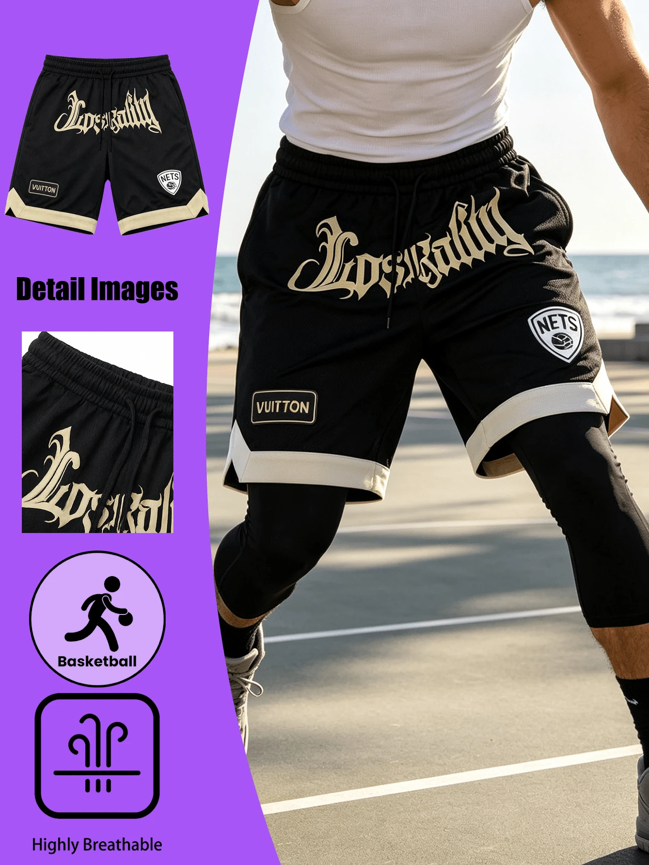 Men's Summer Sports Drawstring Waist Shorts, Quick-Dry Breathable Lightweight For Outdoor Activities, Knee-Length - Black - View 1