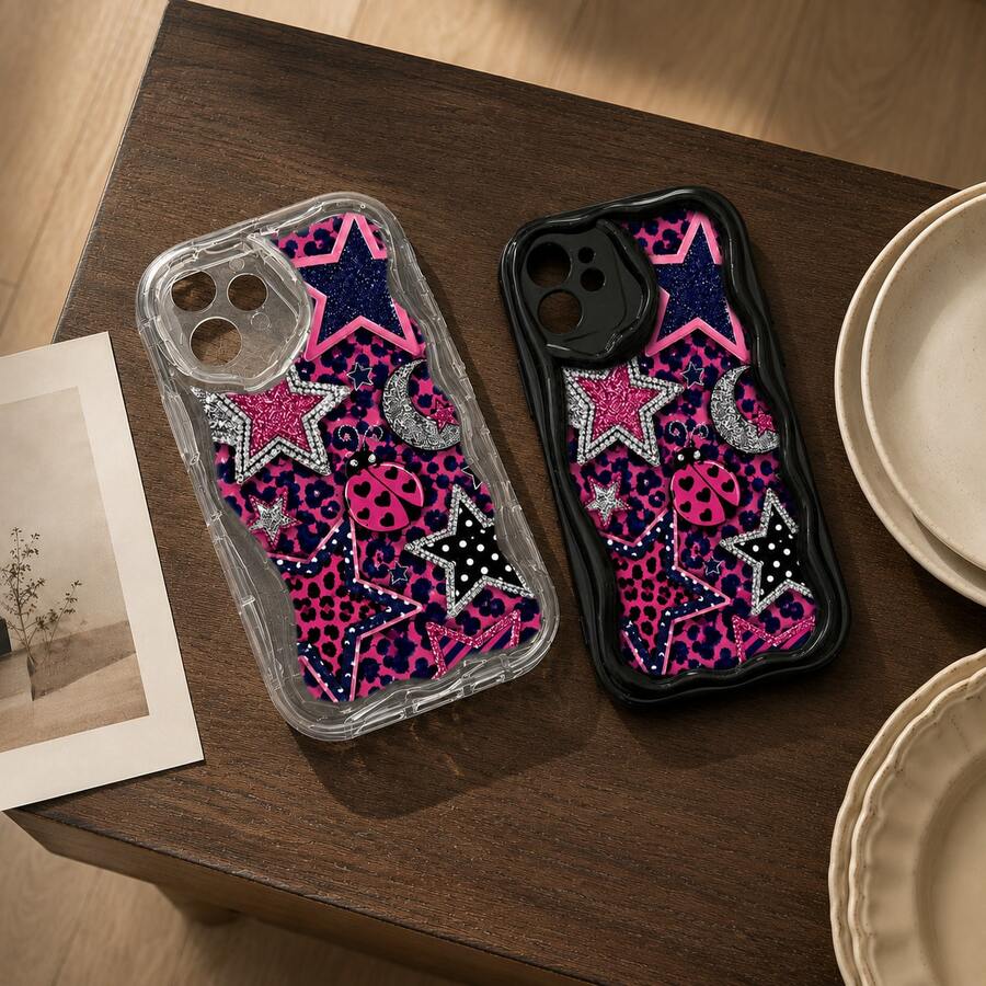 Niche Hot Girl Pink & Black Leopard Print Patchwork Star Glitter Phone Case Compatible With IPhone 17 Pro Max/16/15 Pro/14 Plus/13 Mini/12 Pro Max/11 Pro Galaxy S26 Ultra S25 S24 FE S23 Ultra A56 5G A55 A54 A36 A35 A26 A17 A16 A14 Sweet & Cool Protective Cover - Multicolor - View 1
