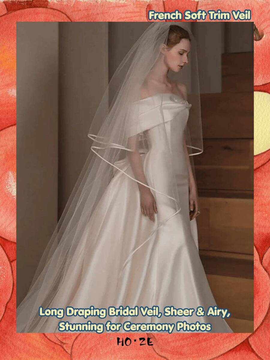 1 Buah Kerudung Pengantin Bertepi Satin, Tulle Lembut, Untuk Pemotretan Pernikahan di Gereja, Aksesori Pengantin Romantis, Dekorasi Pesta Halloween dan Natal - Putih - View 1
