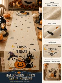 1件裝可愛萬聖節亞麻桌旗，幽靈黑貓南瓜燈鬼屋 Trick Or Treat 印花桌飾，秋季農舍風廚房餐桌萬聖節派對桌旗 - 彩色 - 查看 3