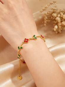 1pc 18K Gold-Plated Stainless Steel Multi-Color Flower Leaf Clover Bracelet, Light Luxury Retro Flower Zirconia Women's Accessory - Gold 13 - View 2