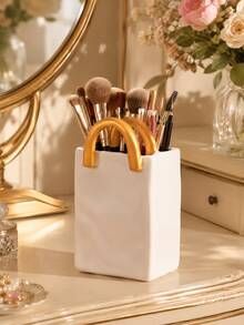 Handbag Shaped Makeup Brush Holder, Single White Resin Cosmetic Storage Box With Gold Handle, Vanity Brush, Lipstick, Eyeliner, Mascara And Makeup Tool Storage Cup, Elegant Vanity Decor - Multicolor - View 10