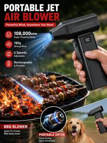 108,000 RPM Portable Electric Dust Blower & Barbecue Blower, 6 Powerful Wind Speed Settings, With LED Display And Flashlight, Accelerated Ignition Tool, High-Powered Electric Duster Fan Suitable For Car, Computer, Keyboard, Home And Outdoor Use - A - View 2