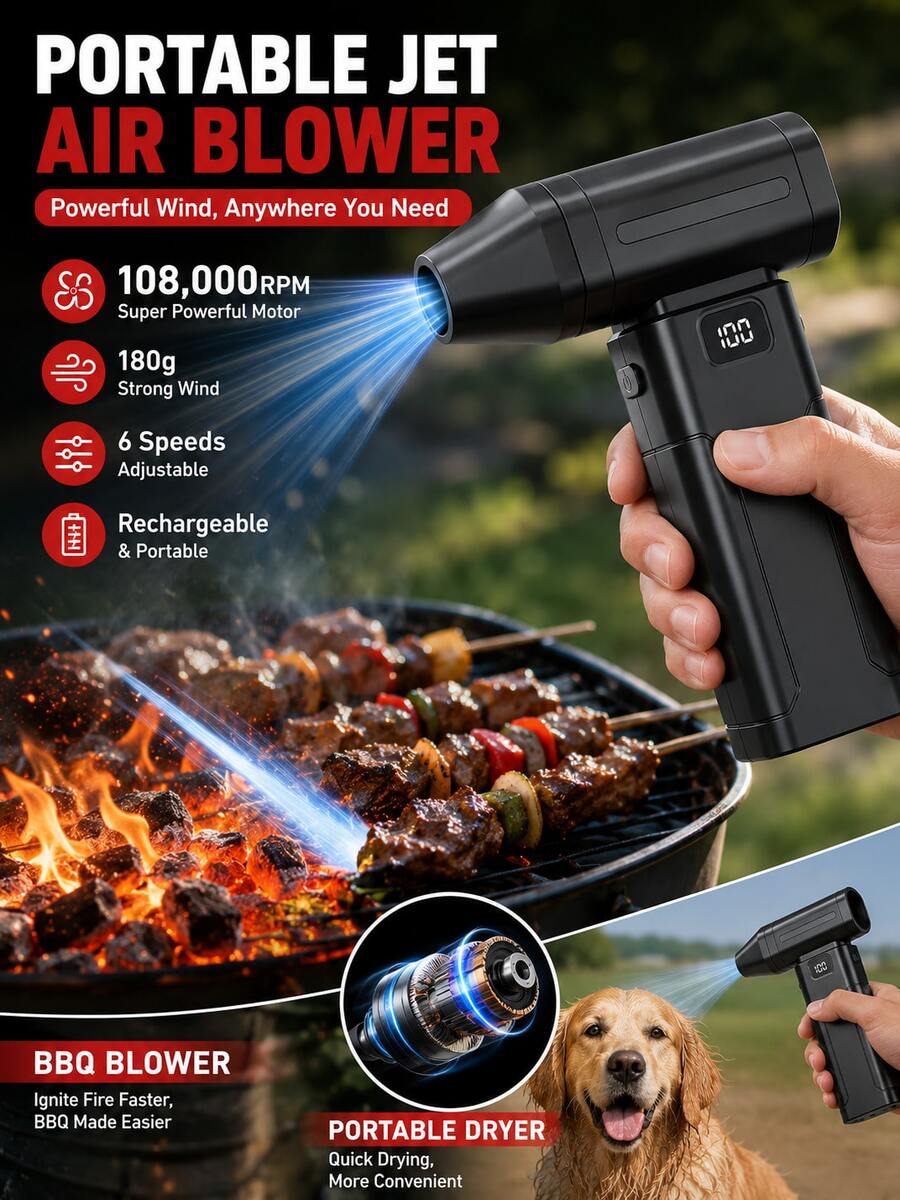 108,000 RPM Portable Electric Dust Blower & Barbecue Blower, 6 Powerful Wind Speed Settings, With LED Display And Flashlight, Accelerated Ignition Tool, High-Powered Electric Duster Fan Suitable For Car, Computer, Keyboard, Home And Outdoor Use