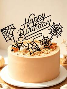 18pcs Black Acrylic Halloween Cake Topper Set, Spider Web Happy Birthday Cake Decoration, Gothic Horror Party Supplies - A - View 4