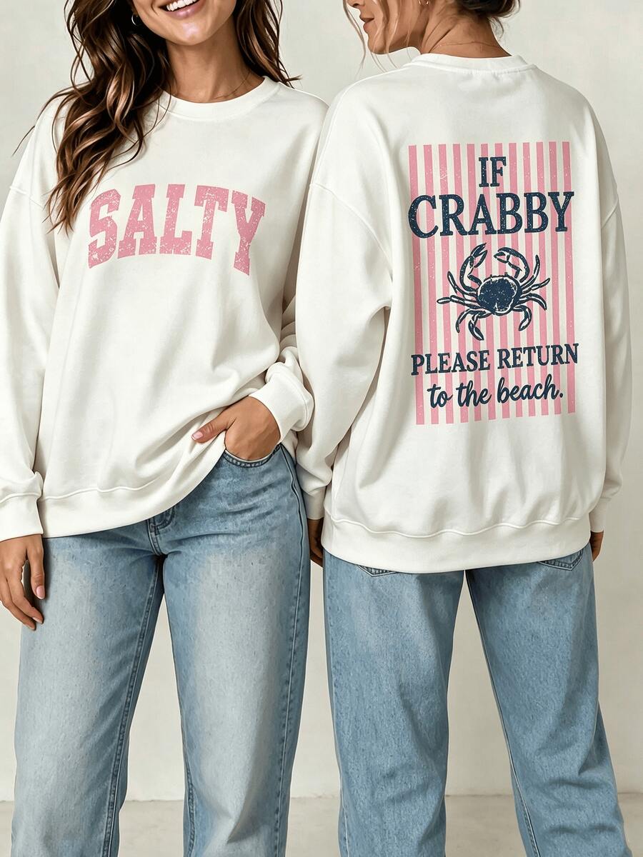 Women's If Crabby Please Return To The Beach Salty Graphic Long Sleeve Tops ,Ouble-Sided Print Oversized Casual Fall Outfit For Women White Sweatshirt - 白色2 - 查看 1