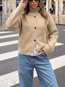 GDDYIN Women's Autumn New Solid Color Front Buckle High Collar Temperament Home College Knitted Cardigan Fall - Olive Green - View 2
