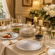50/25/10pcs 10.25 Inch And 7.5 Inch Clear Hammered Single Gold Rim Round Dinner Plates And Food Trays, Shatter-Resistant Lightweight Tableware Set, Suitable For Parties, Weddings, Adults, Children, Home, Gold Rim Tableware, Thanksgiving, Christmas - View 10