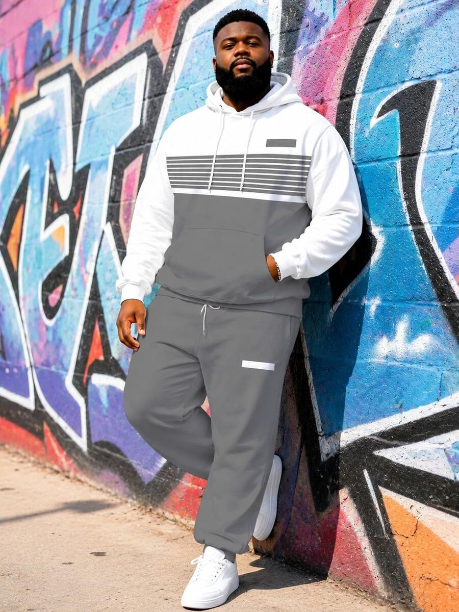 Men's Street Casual Minimalist Series "Line Patchwork Color Block Plaid" Plus Size Hoodie Sweatshirt Set Spring Autumn Winter Sports 2-Piece Set - Ins Style Loose Fit Plus Size Comfortable Relaxed Hoodie + Jogger Pants Street Hip Hop Versatile - White - View 1