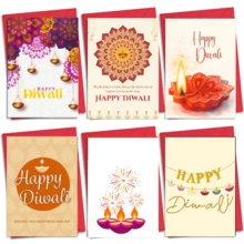 6入組 Happy 垂直祝福卡片套組，傳統油燈 Diya、煙火爆發與串燈慶祝卡片，附紅色信封，文化節日派對祝福卡，適合所有人 - 查看 1