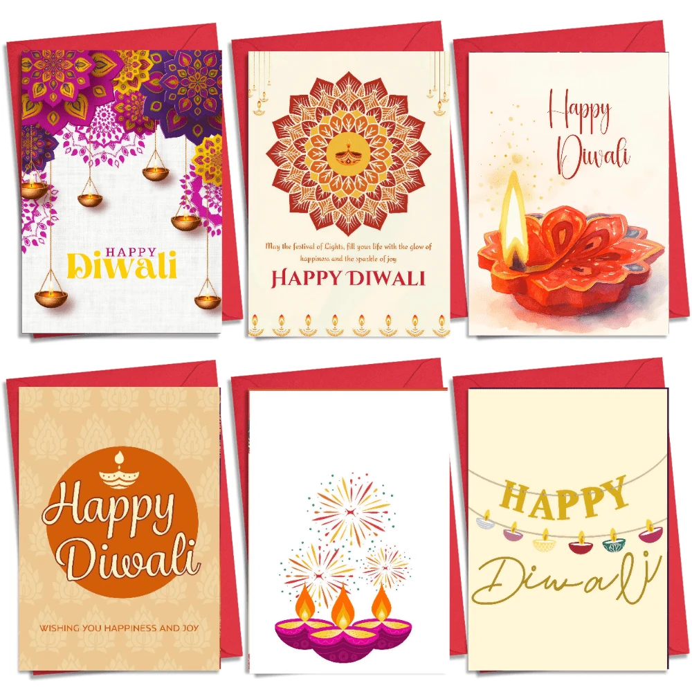 6入組 Happy 垂直祝福卡片套組,傳統油燈 Diya、煙火爆發與串燈慶祝卡片,附紅色信封,文化節日派對祝福卡,適合所有人 - 查看 1