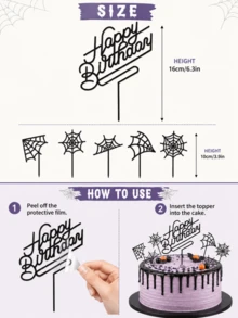 18pcs Black Acrylic Halloween Cake Topper Set, Spider Web Happy Birthday Cake Decoration, Gothic Horror Party Supplies - A - View 7