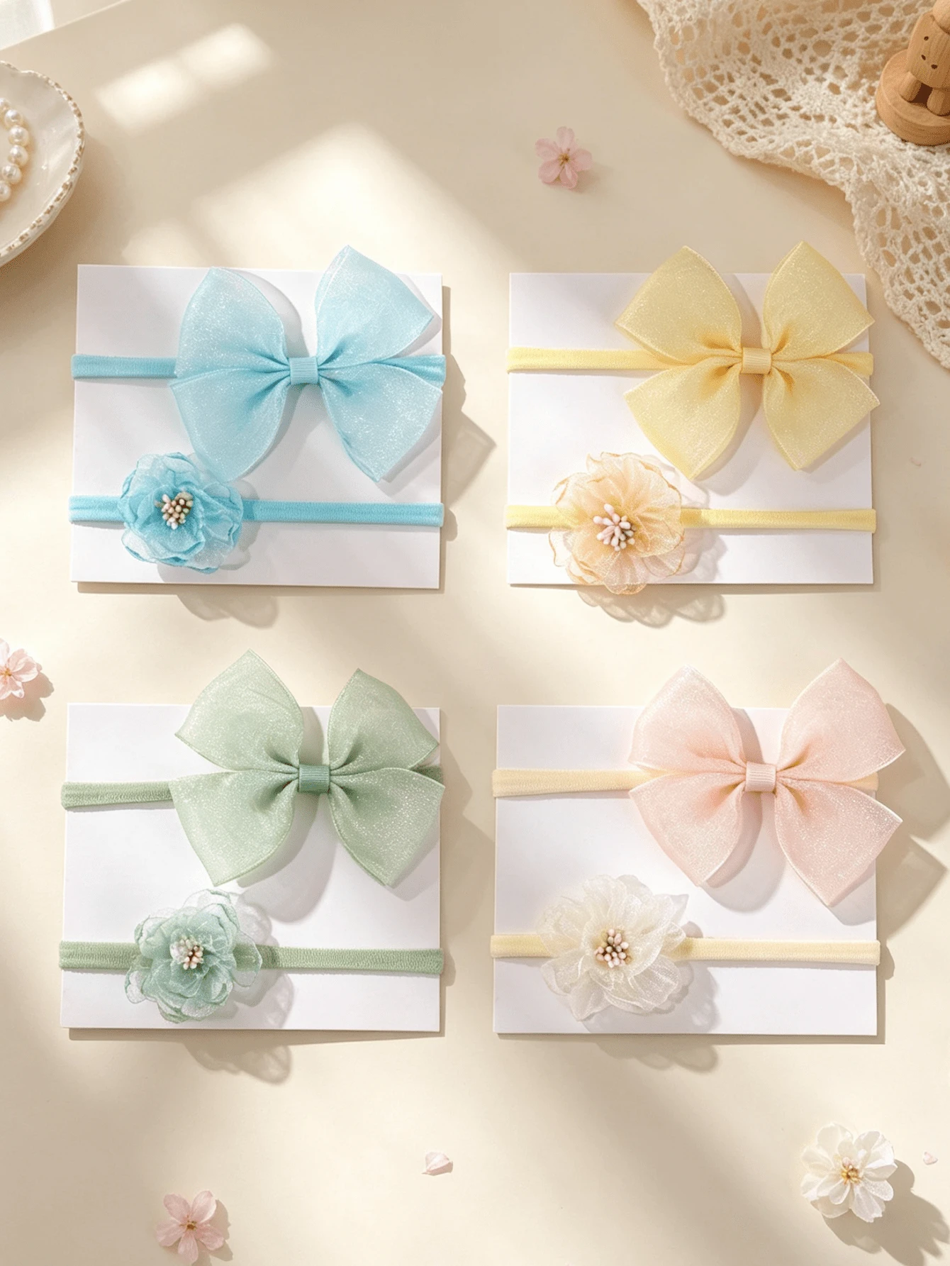 2pcs/Set Cute Rose Flower Bow Hair Accessories For Baby Girls, Soft Comfortable Elastic Nylon Thin Headband (Without Card) - Multicolor - View 1