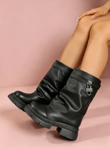 Women's Black Lock Decor Slouchy Mid-Calf Boots, Chunky Platform Casual Boots - Hitam - View 12
