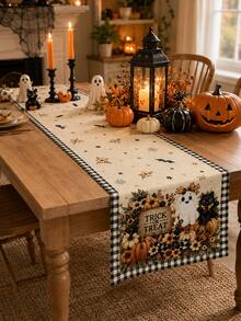 1pc-Trick Or Treat Halloween Linen Table Runner, Cute Ghost Black Cat Pumpkin Floral Bat Printed Table Decor With Buffalo Plaid Border, Farmhouse Fall Runner For Kitchen Dining Party - Multicolor - View 5