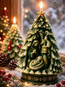 1pc Christmas Tree Silicone Candle Mold, Berry Leaf Short Pine & Star Top Christmas Holy Family Embossed Tall Fir Mold, Full Leaf Texture, Non-Stick Flexible Reusable Silicone, Suitable For DIY Soy Wax Candles, Epoxy Resin, Plaster, Soap, Winter Window Decor And Religious Christmas Gift Box Decoration - Christmas Tree Silicone Mold - View 7
