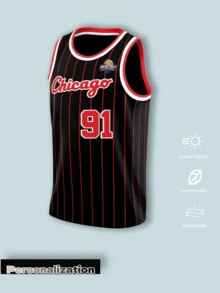 Black & Red Vertical Striped Customizable Basketball Jersey, Sleeveless Sports Tank Top; Black Base With Red Fine Stripes, Red & White Contrast Collar Design, Customizable Name, Number, Team Logo. Soft Fabric, Suitable For Game Training And Streetwear, Meets Team Formation And Fan Private DIY Needs, 2026 Basketball Competition - Black - View 2