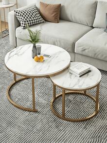 1pc Stackable Metal Frame Marble Table - Living Room Coffee Table, Featuring A Sturdy Metal Frame And An Inlaid Marble Tabletop. Movable And Space-Saving, Ideal As An End Table For The Living Room, Bedroom, Balcony And Terrace. - Multicolor - View 11