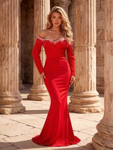 Romagic Sweetheart Off-Shoulder Beaded Long Sleeve Evening Gown, Wedding Guest Dress - Red - View 1