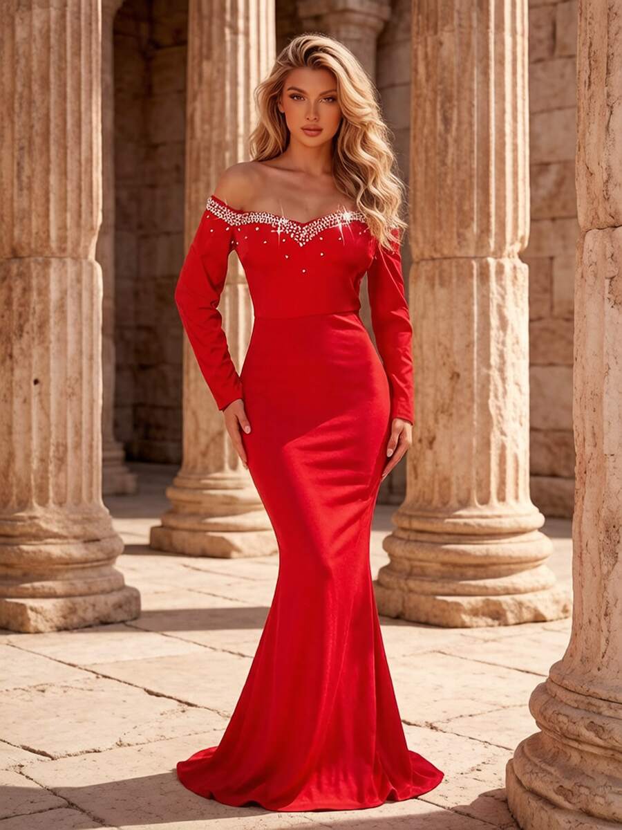 Romagic Sweetheart Off-Shoulder Beaded Long Sleeve Evening Gown, Wedding Guest Dress - Red - View 1