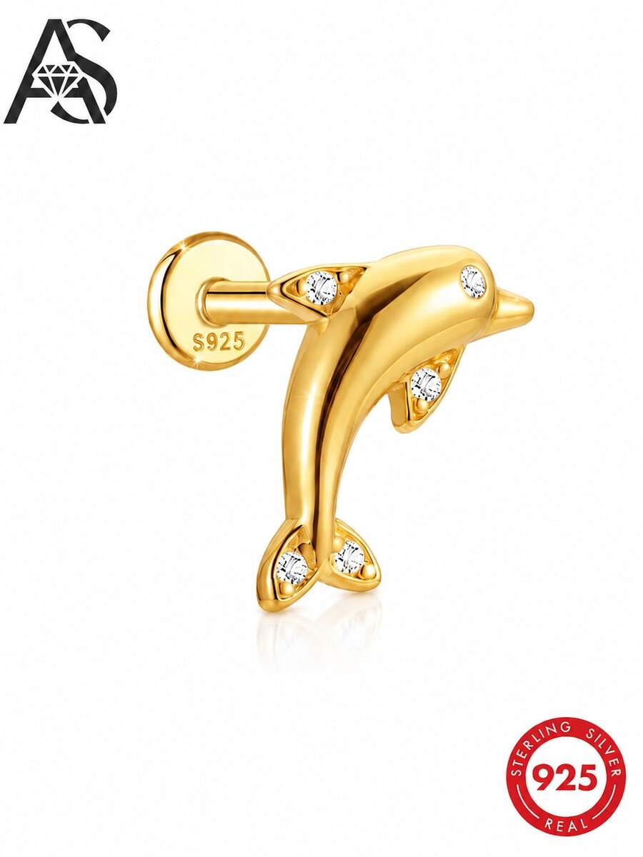 AnlaScheer 1件 精緻時尚 925純銀鍍18K金 可愛海洋生物平背耳釘，低過敏，適合女性女孩日常派對禮物