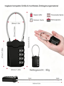 4-Digit TSA Cable Combination Padlock, Luggage Wire Lock With Opening Indicator, Suitable For Suitcases, Backpacks, Storage Bags And Lockers | 2 Pack, Black - 2Pcs - View 6