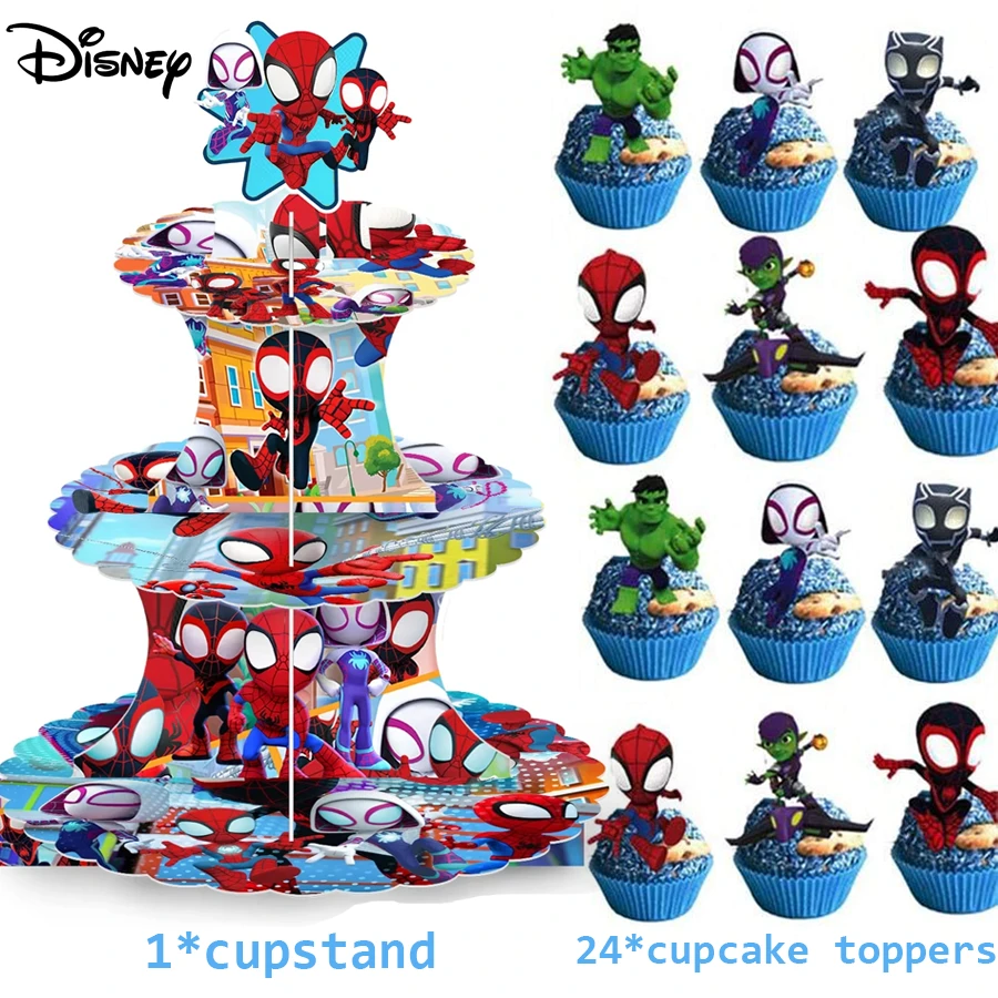 Miles 3-Tier Cupcake Stand And Cupcake Toppers Set, Kids Superhero Birthday Dessert Table Decor - Multicolor - View 1