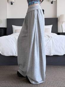 Celana Panjang Wanita Pinggang Tinggi Kaki Lebar Tali Serut Longgar, Celana Panjang Kasual Santai Warna Abu-abu, Musim Semi - Light Grey - View 4