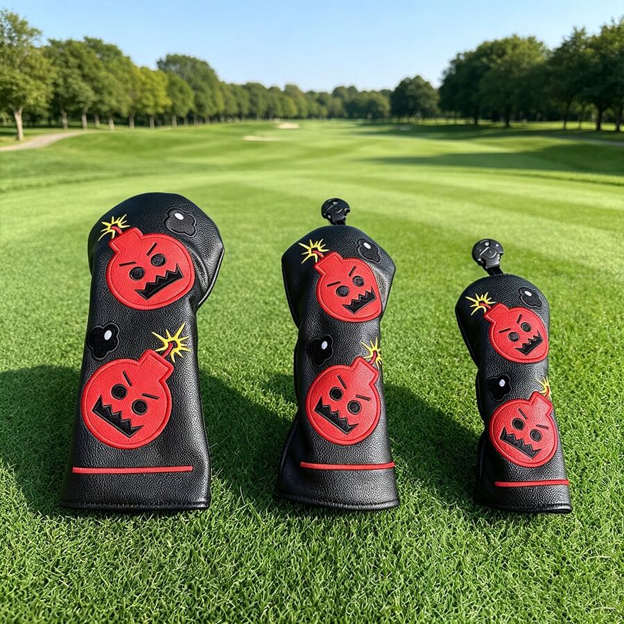 Cartoon Bomb 3D Embroidered Golf Club Head Cover, Waterproof Wear-Resistant PU Leather Wood Shaft Head Protector Cap Equipment - Black - View 1