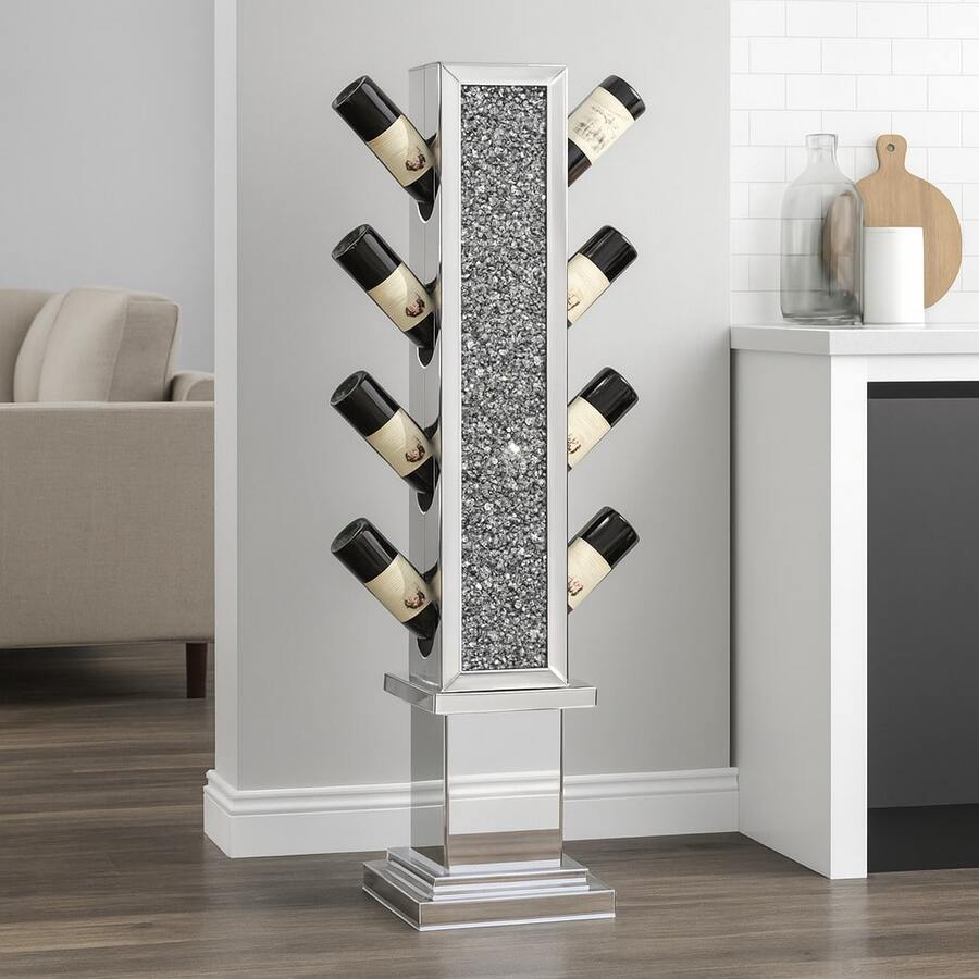 Modern Freestanding Floor Wine Rack With Crushed Crystal Inlay, 8 Bottles Capacity Wine Bottle Storage Rack, Decorative Display Furniture For Home Bar & Indoor Dining Decor