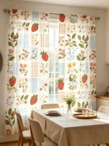2pcs Plaid Strawberry Floral Print Sheer Curtains, Fresh Country Style, Filters Light And Dust, Semi-Transparent Rod Pocket Voile Curtains, Suitable For Living Room, Bedroom, Holiday And Birthday Gift - Multicolor - View 1