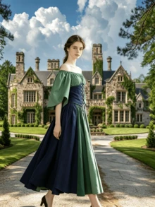 Women's Medieval Renaissance Costume, Cold Shoulder Bell Sleeve Top, Lace-Up Waist Belt And Color-Block Long Skirt, Vintage Elf Style Cosplay Party Outfit - Green - View 3