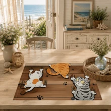 1pc/4pcs/6pcs, Cat Pattern Printed Linen Placemats, Rectangular Table Mats, Washable, Easy To Clean, Plate Mats, Bowl Mats, Western Style Placemats, Suitable For Kitchen, Dining Room, Home Gathering, Coffee Table And Daily Table Decoration - Multicolor - View 4