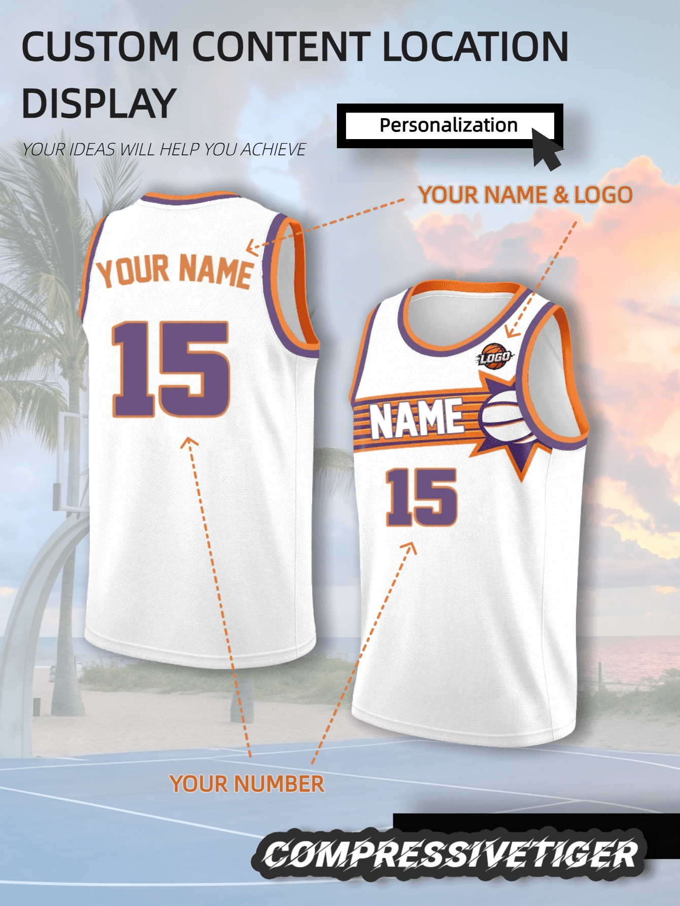Custom American Phoenix Colorblock Basketball Jersey, White Base With Orange And Purple Color Scheme, Customizable Content On Both Front And Back, Free To Change Name And Jersey Number, Customizable Team Logo, Soft And Comfortable Fabric, Suitable For Basketball Games, Team Training And Streetwear, 2026 Basketball Project - White - View 1