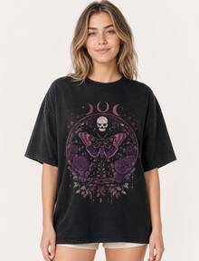 Pattern T Shirt,Cotton T Shirt,Plus-Size Floral Gothic Style Shirt,Dark Rustic Style T Shirt,Witch-Style Shirt,Gothic Mom Shirt,Mysterious Secret Inse - 黑色 - 查看 2