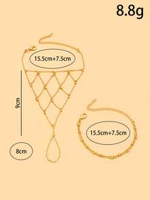 2pcs Gold Bead Mesh Finger Chain Bracelet Set, Exquisite Small Gold Bead Mesh Finger Jewelry, Multi-Layer Stackable Elegant Thin Bracelet Hand Accessory Set For Women - Mesh - View 7