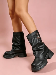 Women's Black Lock Decor Slouchy Mid-Calf Boots, Chunky Platform Casual Boots - Hitam - View 5