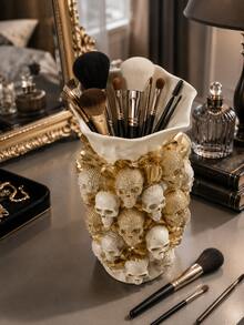 1pc Luxury Baroque Makeup Tool Storage Box, Gold Skull Sculpture Makeup Brush Holder, Suitable For Vanity, Makeup Table, Bedroom And Salon, Can Hold Powder Brush, Eye Brush, Mascara And Eyebrow Tools, Elegant Gothic Style Decor - Multicolor - View 4
