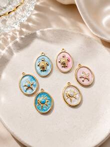 1/6pcs Ocean Theme Enamel Pendant Necklace Charm, Sea Turtle, Starfish & Sun Pattern Jewelry Pendant, Colorful Ocean Style Exquisite Women's Necklace Pendant - Multicolor - View 1