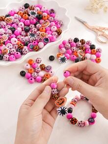 65pcs/35pcs Mixed Halloween Wooden Beads Set, Pumpkin Spider Skull Pattern Wooden Beads, Suitable For DIY Wreaths, Bracelets, Keychains And Other Handicrafts, Or Used For Halloween Party Decoration - Multicolor - View 7