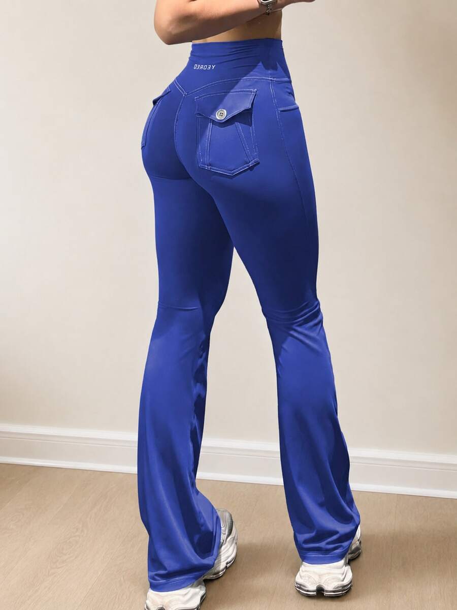 YEOREO CoreFlex Women Workout Mini Flare Leggings With Pockets Hidden Scrunch Cargo Gym Casual Denim-Look Yoga Pants Summer - 鈷藍 - 查看 1