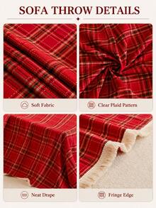 1pc American Vintage Red Dashed Plaid Multifunctional Full Cover Tassel Sofa Cover, Christmas Decoration Sofa Throw - Multicolor - View 5