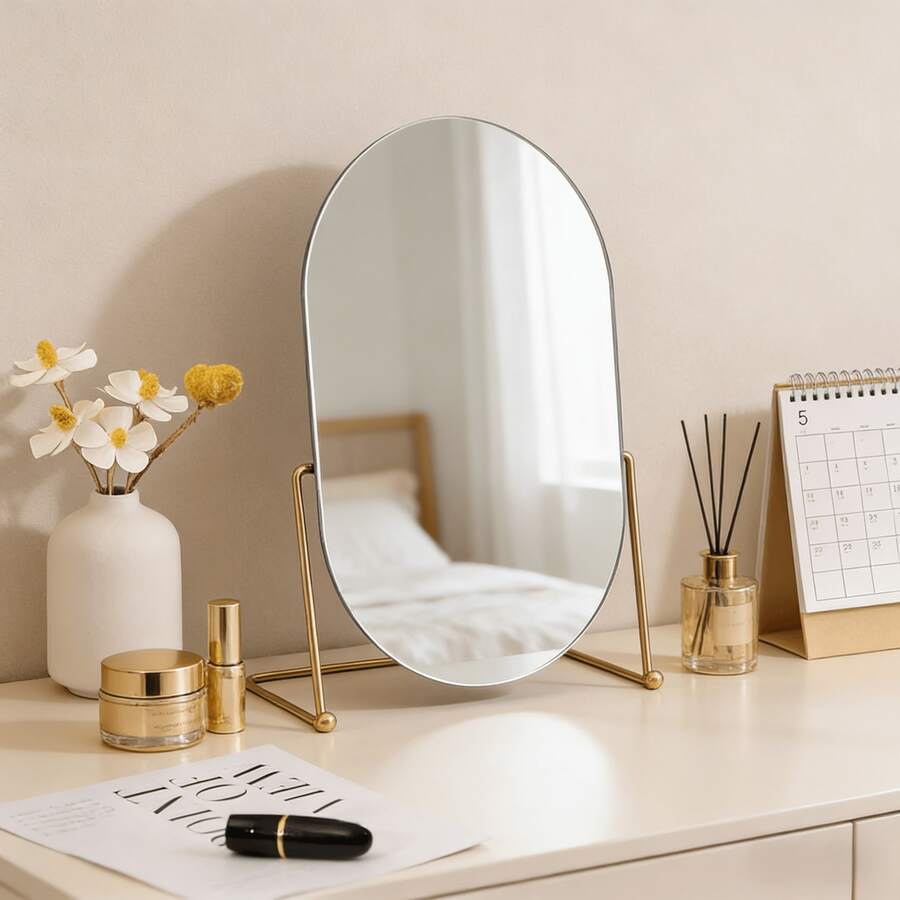 Elegant Gold Oval Vanity Mirror, Fashionable Metal Frame, Polished Glass Mirror Surface, Portable Makeup Mirror For Bedroom And Door Decor, No Power Required, Dorm Decor, Fashionable Mirror Design, Portable Mirror, Decorative Wall Mirror - Multicolor - View 1
