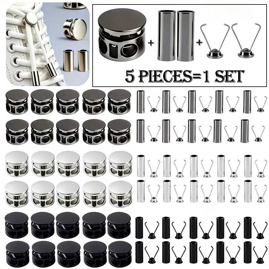 5/10 Sets Spring No-Tie Shoelace Cord Locks, Button-Style Drawstring Buckles, Suitable For Shoelaces, Hoodies, Jackets, Pants, Adjustable Metal Clips, DIY Hoodie Adjustment Buckles, Rust-Proof Shoelace Clips, Adjustable Buckles