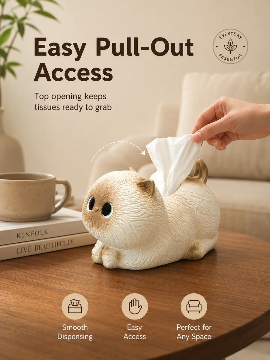可愛暹羅貓面紙盒，創意動物造型面紙收納盒，易抽取開口與裝飾設計，大容量面紙分發器，適合客廳、咖啡桌、臥室、辦公桌、浴室，可愛家居裝飾，貓奴禮物