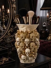 1pc Luxury Baroque Makeup Tool Storage Box, Gold Skull Sculpture Makeup Brush Holder, Suitable For Vanity, Makeup Table, Bedroom And Salon, Can Hold Powder Brush, Eye Brush, Mascara And Eyebrow Tools, Elegant Gothic Style Decor - Multicolor - View 3